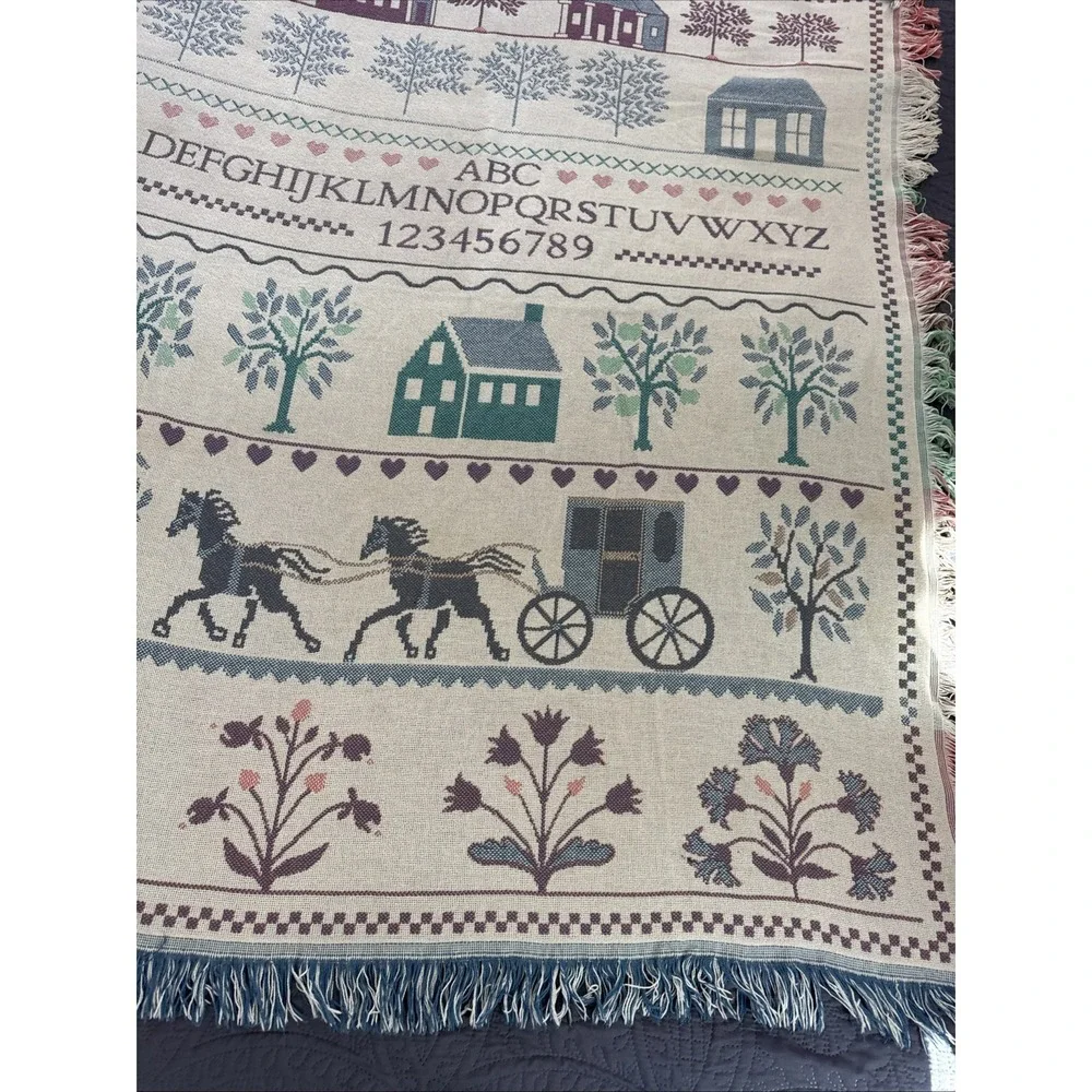 Crown Crafts Throw Blanket Amish Buggy Alphabet Sampler Cottage Core 64x54